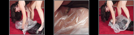 Smothered With Plastic - Now the mistress breaks out some plastic and covers her sluts face and sees how long she can hold her breath. When she sits down over her face breating becomes impossible.