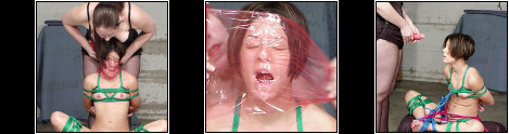 Pink Plastic - Bridgett has her little slut bound in rope before she wraps her face in pink plastic film before making her suck on her strapon.