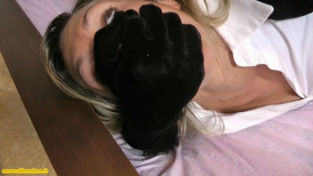 Encasement Smother - Eleonore is in her bedroom. She just came back from work and she is very tired.
A bad surprise for her. A woman totally dressed in black with a stocking mask, breaks into her apartment. She uses her black satin gloves to keep quiet and handsmother Eleonore.
A lot of hand over mouth smother actions until the end of clip.