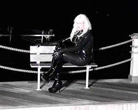Latex On The Pier - Susan enjoys a stroll on the pier at night in latex
