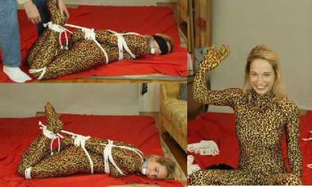 Tiger Lady - Gina as a tiger lycra lady, tied up, helpless, struggling, gagged, blindfolded, hogtied.....