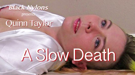 A Slow Death - Lovely, busty, Quinn Taylor is the girlfriend of a prince.  But the powerful people in the Palace do not want him to ruin his life by becoming more involved with her.   He won't listen, however, to warnings and neither will she.   Finally, they decide to end the problem once and for all.   

Thus it happens that he same day that Quinn receives a letter from the prince reinforcing his love for her, she is met by an assassin as she emerges naked under a cover-up robe from the bedroom.   He says he's sorry, but she leaves them no choice.   

He shoots her with a silencer under the breast.  Then in a nipple.  She looks up, pleading, but to no avail.   He shoots her again in the stomach, and finally in the other breast.   

She staggers from each shot, unbelieving about what is happening.   Finally, her legs give way and she slides down the wall.   She tries to get up again, but falls back.  Finally she slumps over, bleeding and trying to catch her breath as she grimaces from the pain of it all.   In the end, her heart slows and finally stops, her stare upward for ever now.   

This clip has a different mood because it emphasizes Quinn's slow giving in to the deadness spreading throughout her body from the bullets.   It savors her lushness and her spirit as she bleeds and dies slowly, but inevitably, from the pieces of lead now inside her.