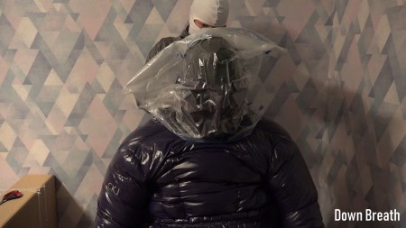 Vacuum bag on Calvin Klein coat - Dan head in a CK coat hood and vacuum bag