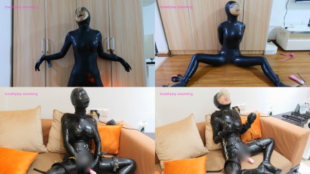 Xiaomeng Breathless Orgasm Training Part 3 - This is the third and the last (maybe?) part of Xiaomeng’s Breathless Orgasm Training.
Xiaomeng in her latex catsuit was standing and having her hands fixed to a wardrobe and feet to the floor with suction cups. She was blindfolded and a breathplay hood with no breathing hole was put on her head for three times. This was just a warming-up for her, and with little and little air Xiaomeng started to scream and struggle. In the last time she even broke free the suction cup attached to her left foot from the floor.
Now she needs more stimulation. I let her sit on the floor with her legs open and fixed to the floor with the suction cups. Her hands were cuffed behind her back, and only her upper body can make some moves. A pink vibrator was used when the breathplay hood was put on her. She consumed the air faster under stimulation, but the pleasure helped her to endure the pain of oxygen deficit. However, this would not work for a long time, especially when I brought her to the edge but then only teased her and denied her orgasm. When I finally moved the vibrator away, she lost her source of pleasure and cannot suppress the pain anymore. She leant back and forth, shouting and trying to suck every single drop of residual oxygen inside the hood. I saved her.
In the next scene the vibrator was fixed to her lower body. Her hands were linked to her legs and disabled by latex hand bags. A hood with a mouth condom was put on her. She can only breathe through two small holes at her nostrils, and I pinched the holes from time to time. Basically, this is a short bonus session to her, and she can finally enjoy a full orgasm under restricted breaths. After that the breathplay hood with no holes was put on her again, and a ball gag was applied to her at a later stage as well. She reached her last and strongest orgasm at the end. She was overwhelmed by the pleasure so much that she just gave up fighting for air and let her mind go. I quickly removed the hood before she collapsed. Another near blackout play.