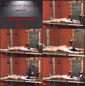 Repent, witch (FHD) p2 - The witch Elsa is subjected to the second stage of torture, which involves stretching her muscles. The stretching is so intense that it causes her arms, legs, abdomen, and back to become taut like a string. However, even this intense pain fails to convince the witch to renounce her faith, prompting the monk to resort to the use of a whip. Eventually, Elsa is stretched so much that she loses consciousness due to the pain.